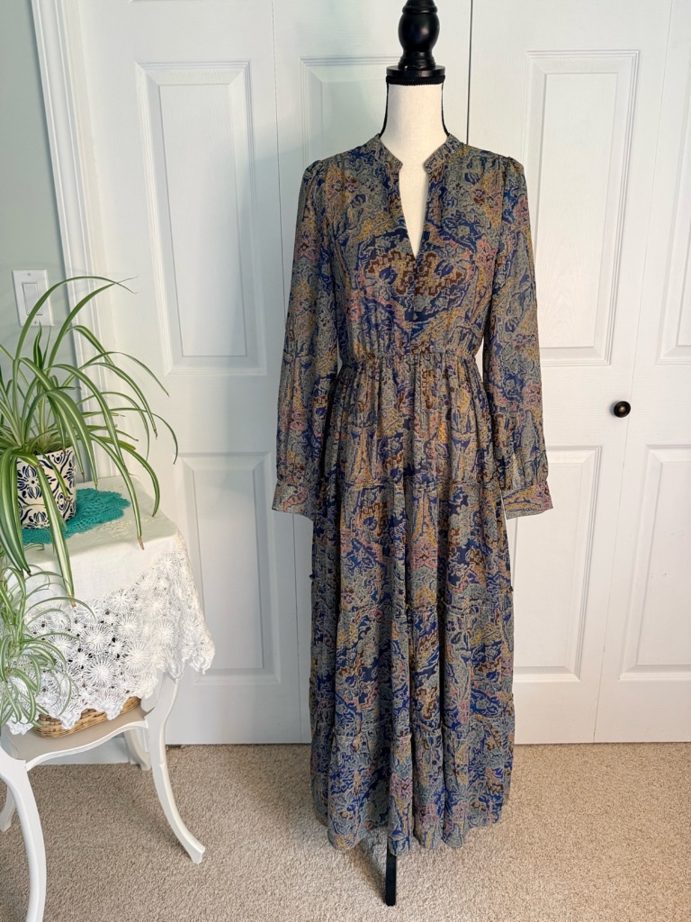 Elan Boho Western Sheer Lined long sleeve tiered Maxi Dress New size‎ Small